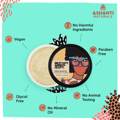 Ashanti Naturals whipped shea butter texture close-up showing creamy, airy consistency benefit: easy absorption
