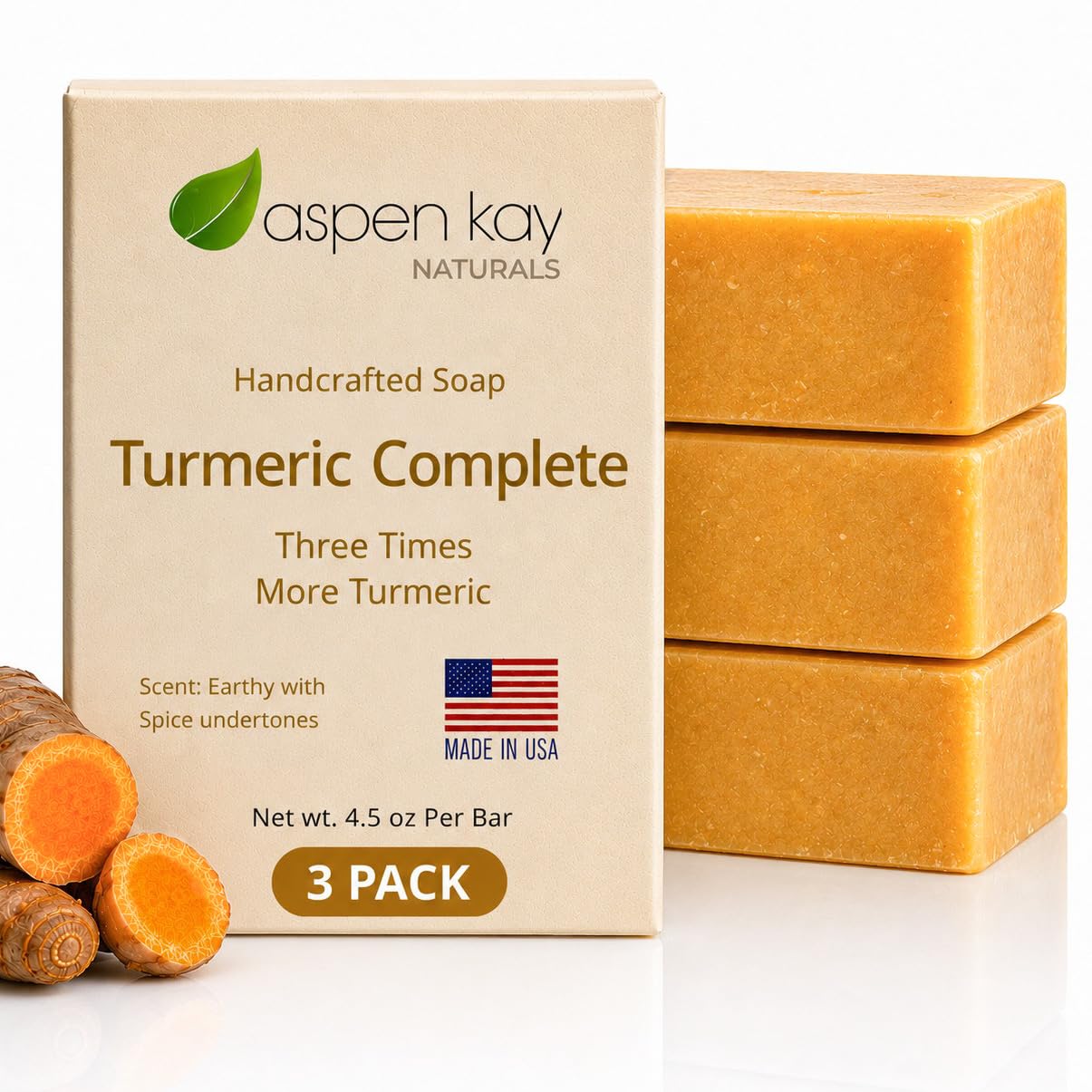 Aspen Kay Naturals front packaging showcasing three organic turmeric soap bars and benefits