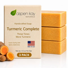 Aspen Kay Naturals front packaging showcasing three organic turmeric soap bars and benefits