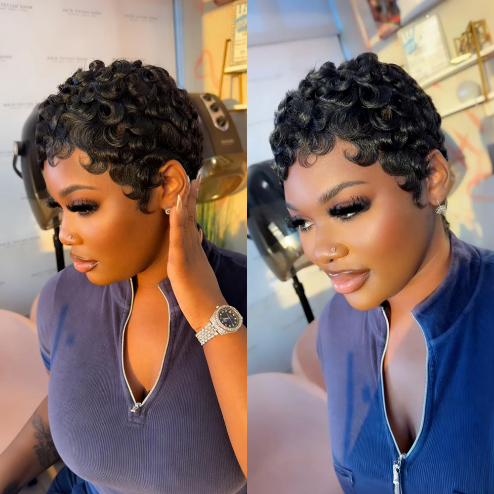 Asteria side profile displaying layered short pixie and natural movement benefit