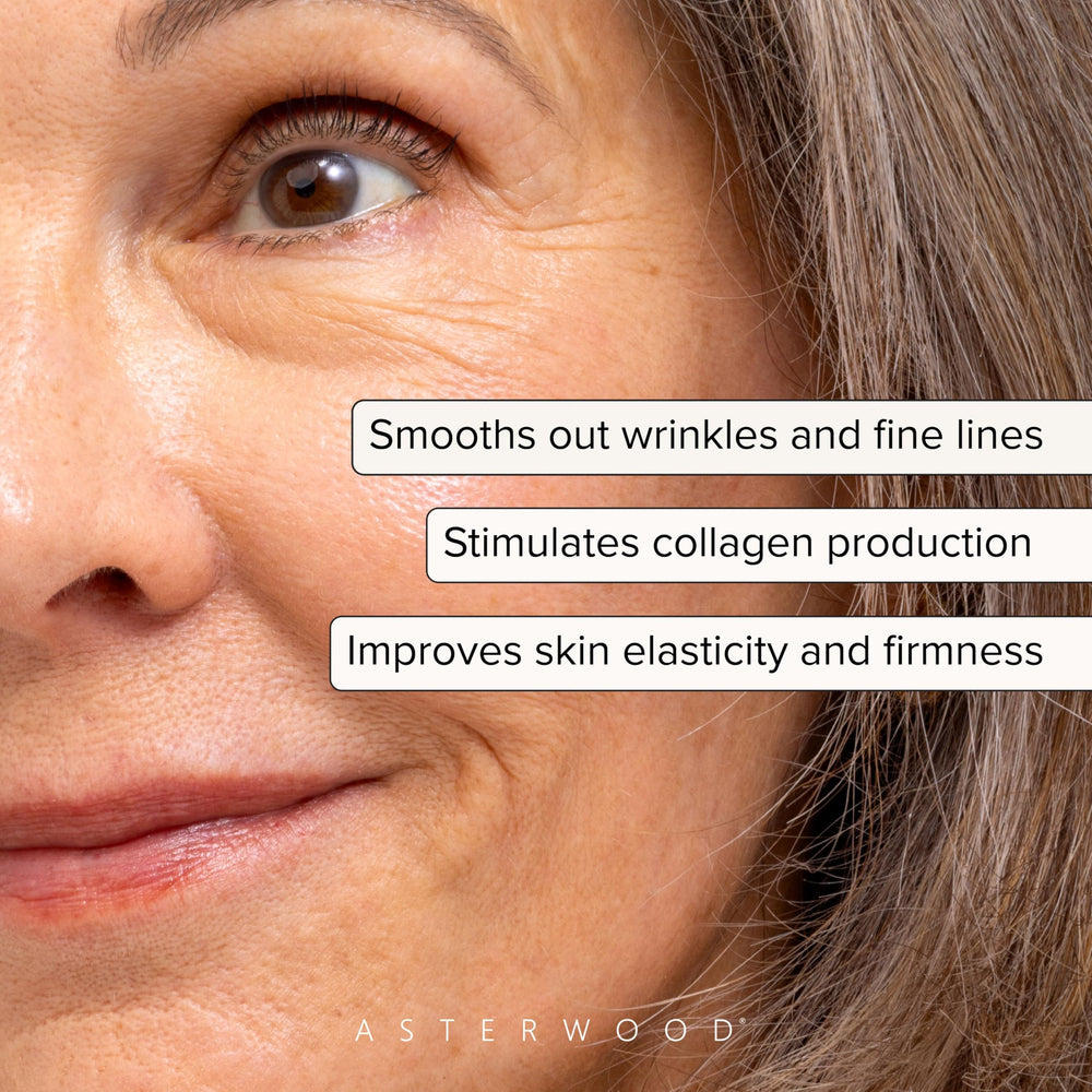 Asterwood dropper dispensing serum highlighting silky texture and absorption