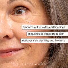 Asterwood dropper dispensing serum highlighting silky texture and absorption