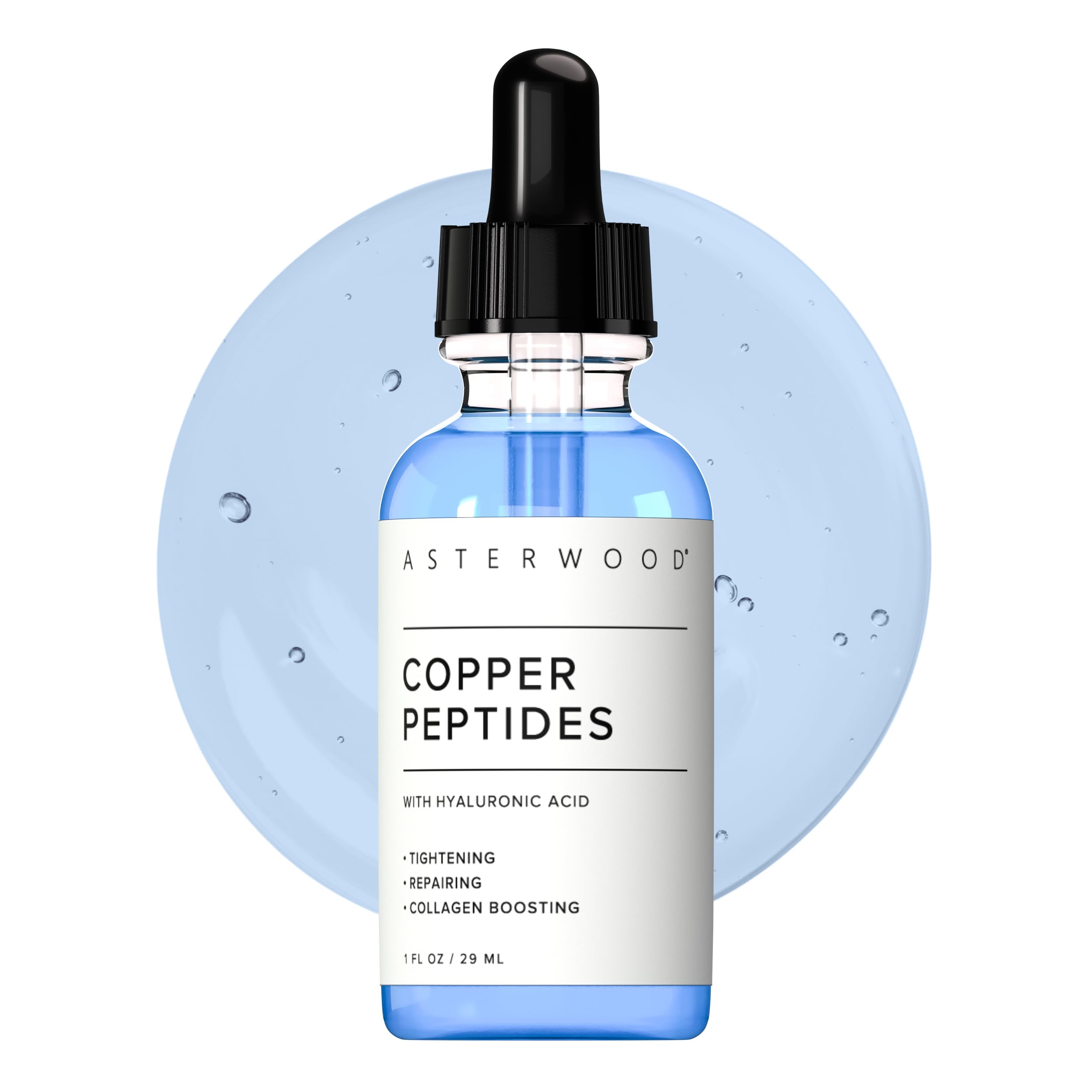 Asterwood copper peptides serum front bottle showing product and elegant label benefit lightweight hydration