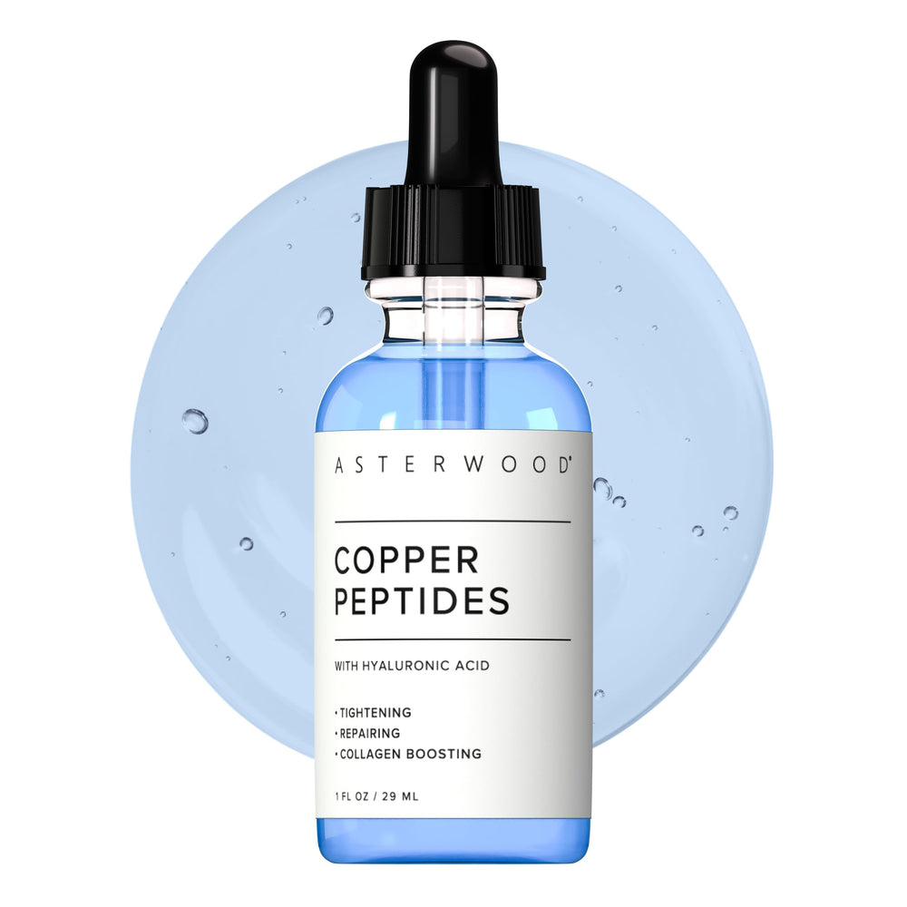 Asterwood copper peptides serum front bottle showing product and elegant label benefit lightweight hydration