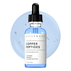 Asterwood copper peptides serum front bottle showing product and elegant label benefit lightweight hydration
