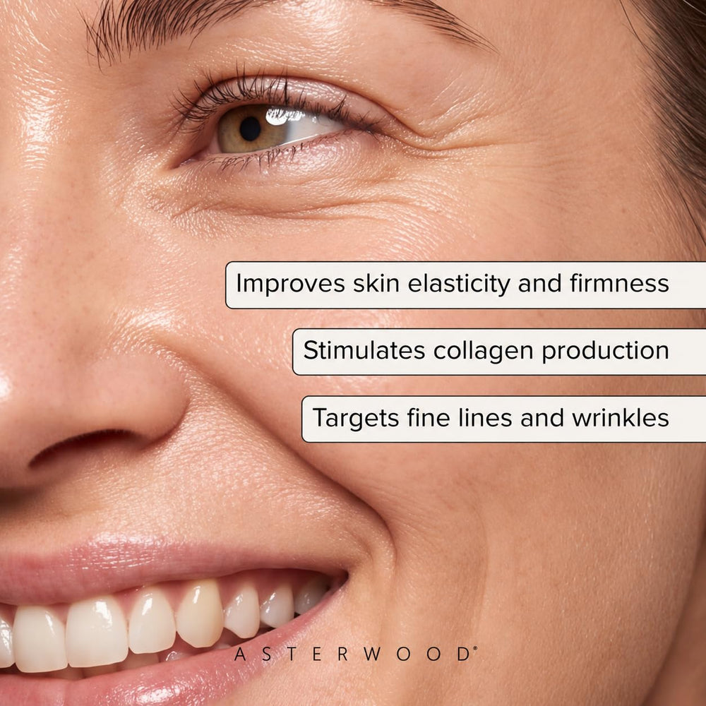 Asterwood serum dropper closeup with clear texture demonstrating quick-absorbing formula benefit