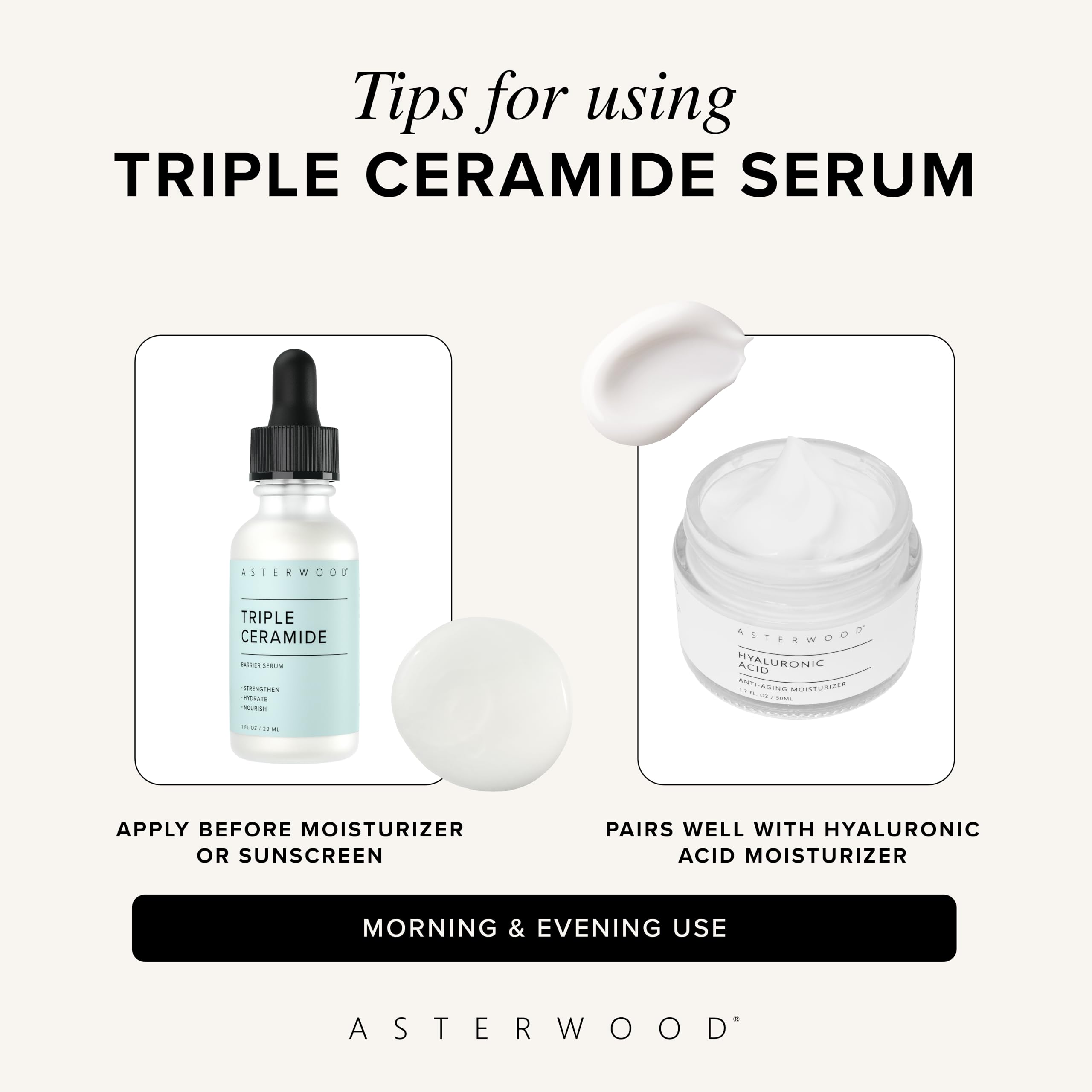 Asterwood serum staged with moisturizer and sunscreen for layering benefit