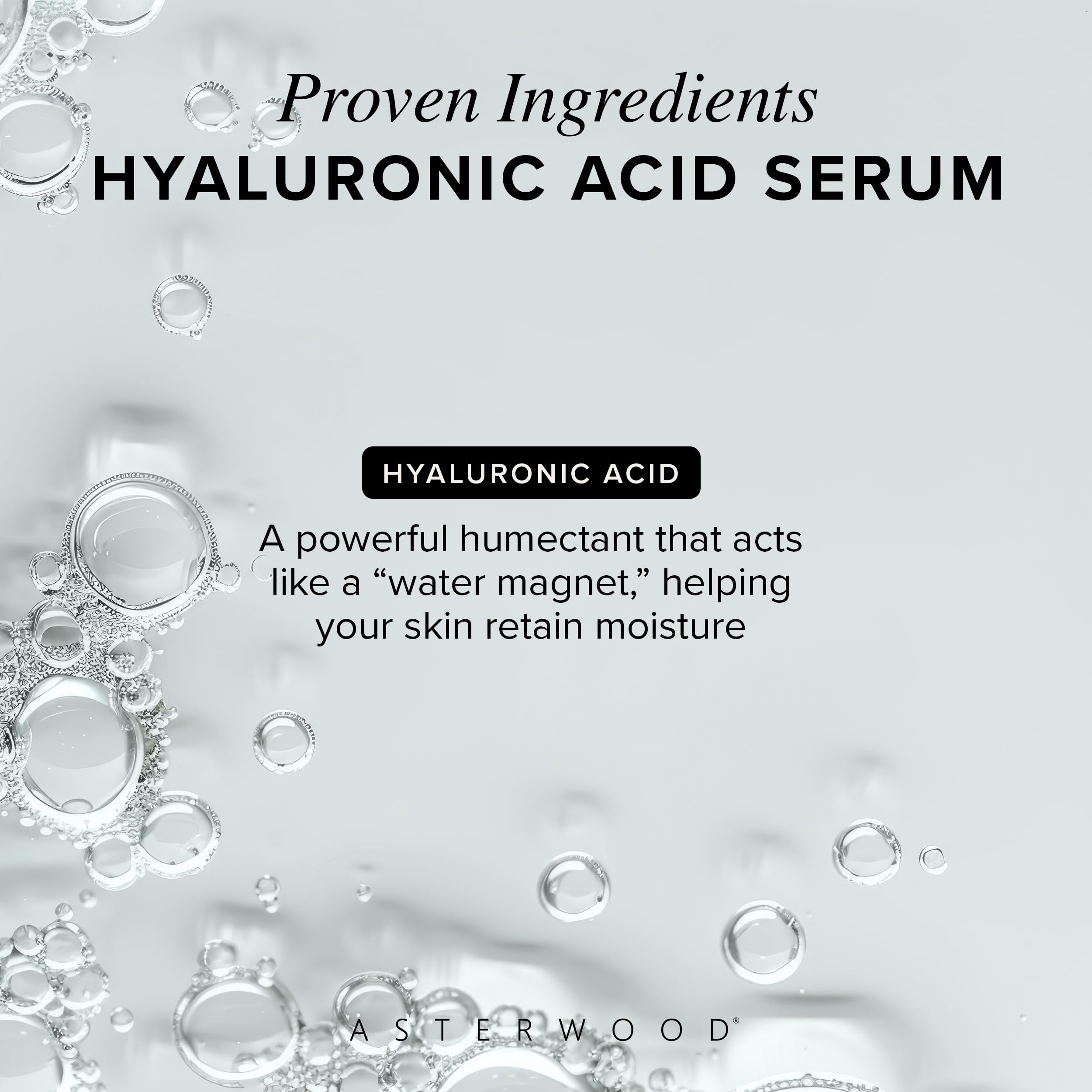 Asterwood serum texture on palm showing lightweight absorbent benefit
