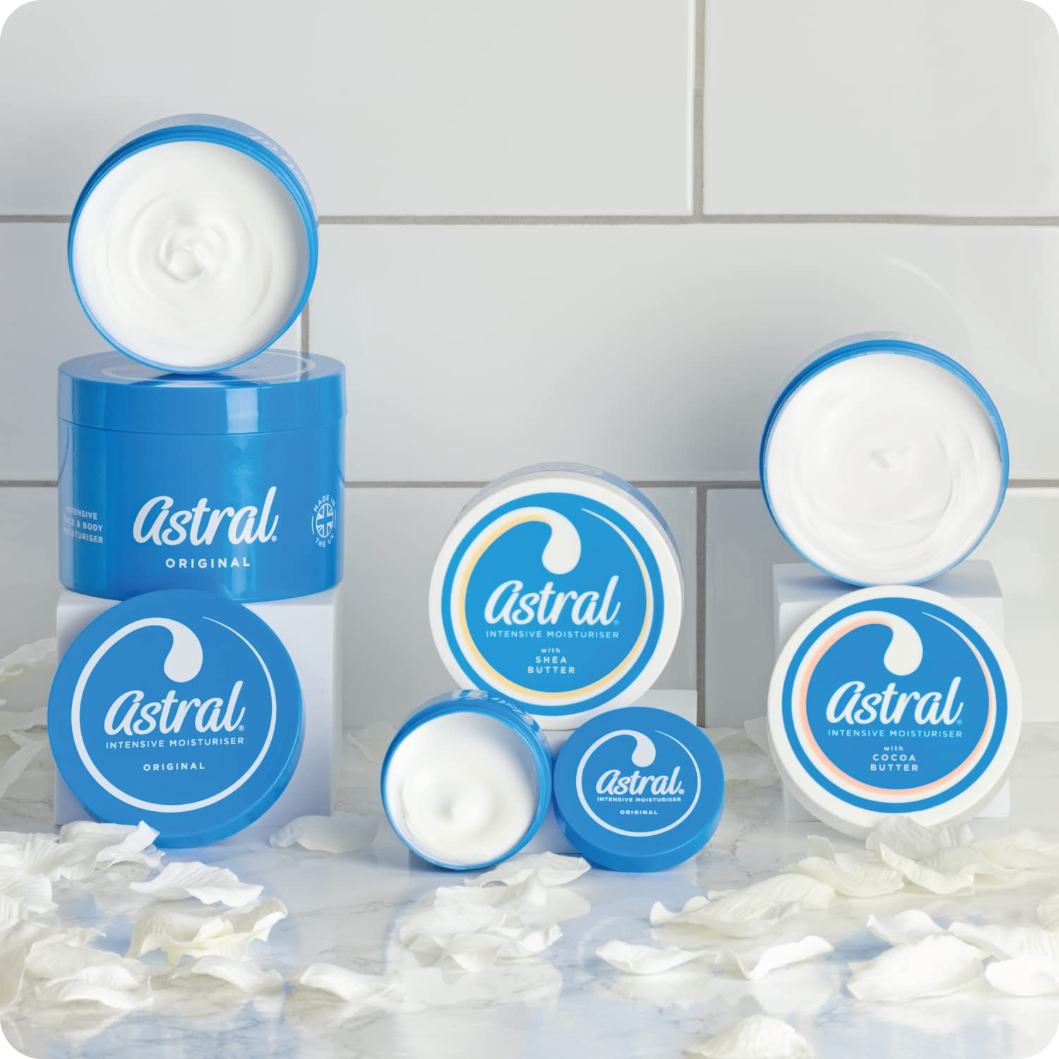 ASTRAL tub on bathroom shelf illustrating daily routine use