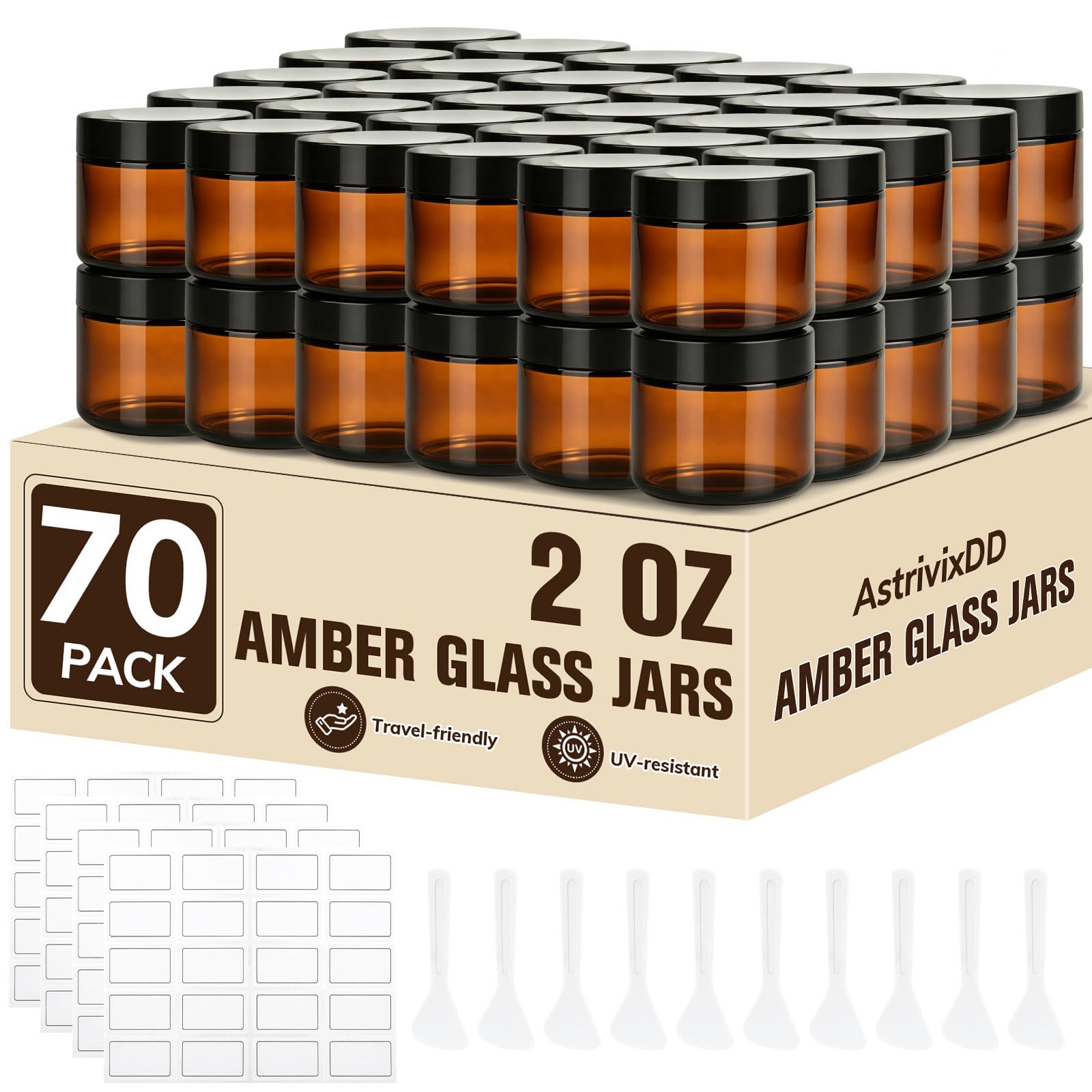 AstrivixDD front view of stacked amber jars showing neat storage benefit