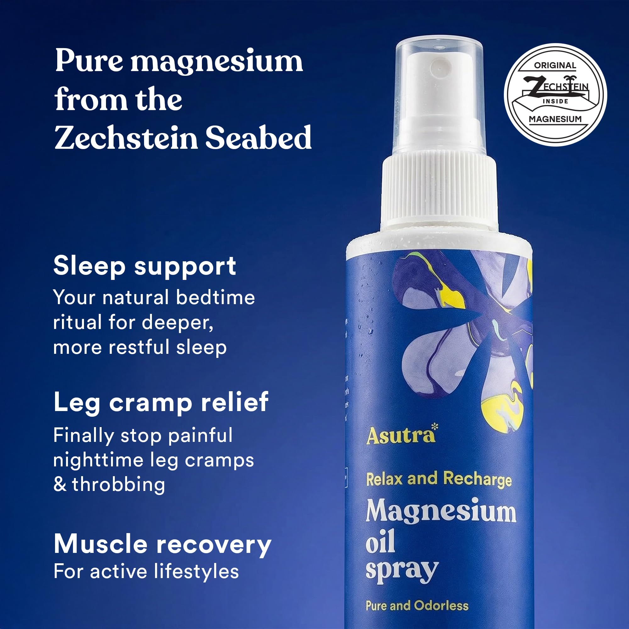 ASUTRA drop of magnesium oil on skin showing texture benefit: quick absorption