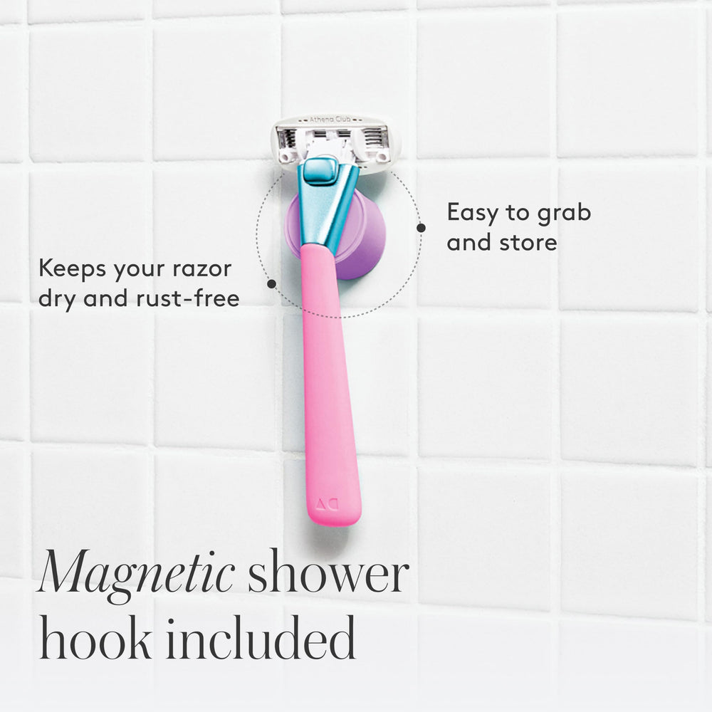 Athena Club razor in bathroom setting illustrating easy everyday shave routine