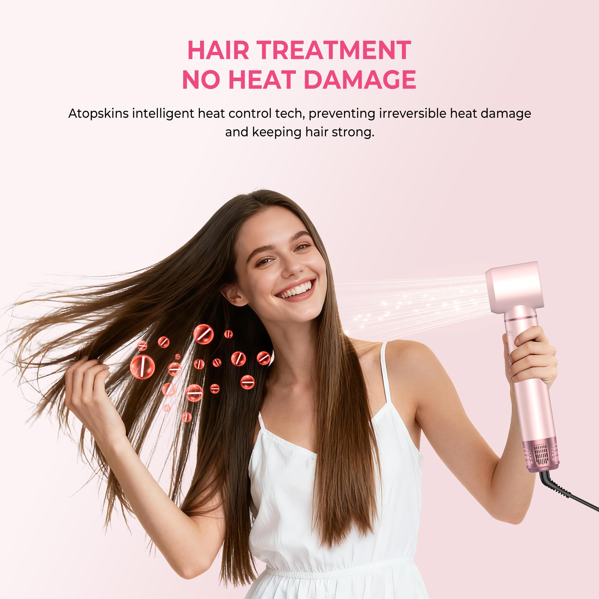 ATOPSKINS styler being used on medium-length hair creating bouncy blowout volume