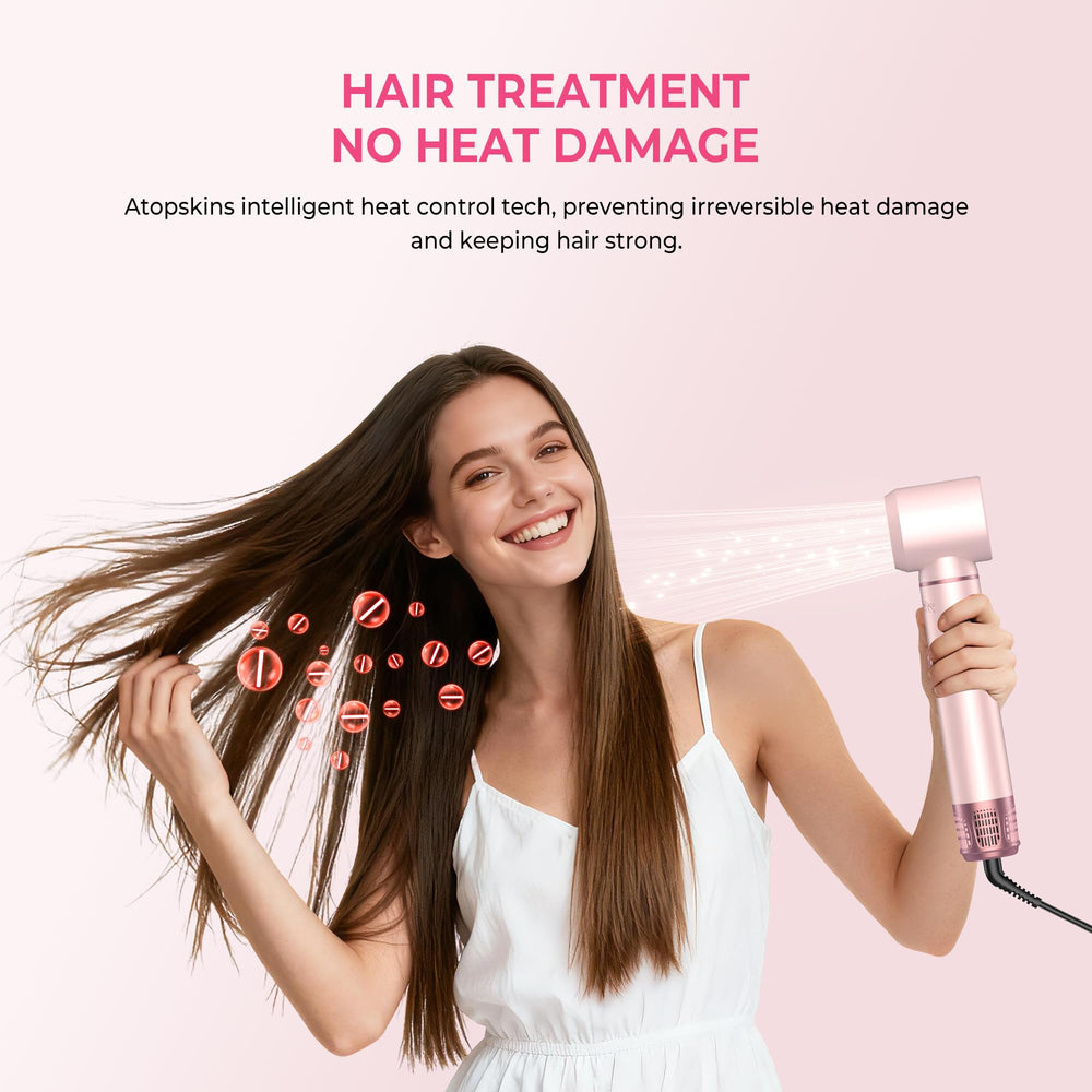 ATOPSKINS styler being used on medium-length hair creating bouncy blowout volume