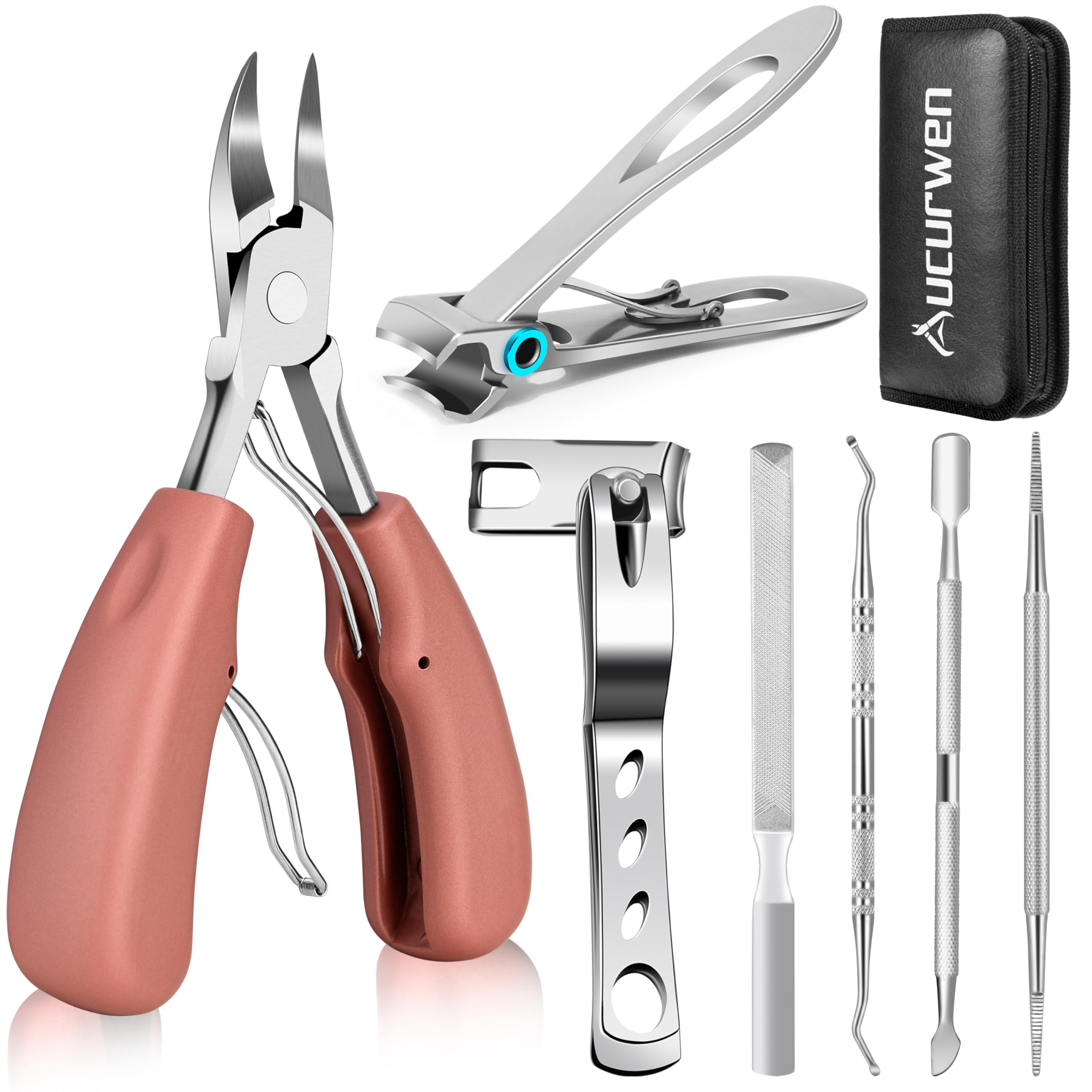Aucurwen front packaging showing full 7‑piece pedicure kit and portability benefit