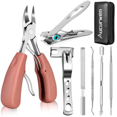Aucurwen front packaging showing full 7‑piece pedicure kit and portability benefit