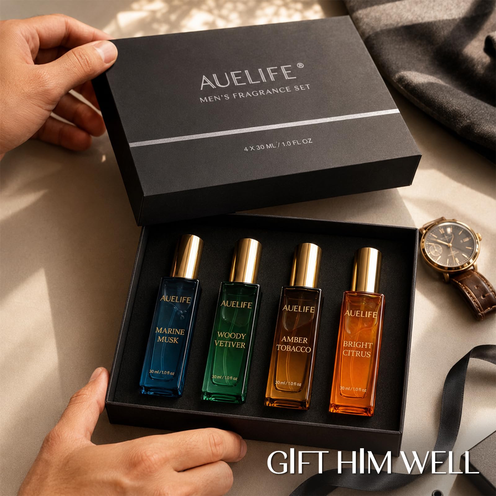 Auelife overhead of four 30ml bottles displaying scent variety and portability