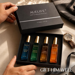 Auelife overhead of four 30ml bottles displaying scent variety and portability