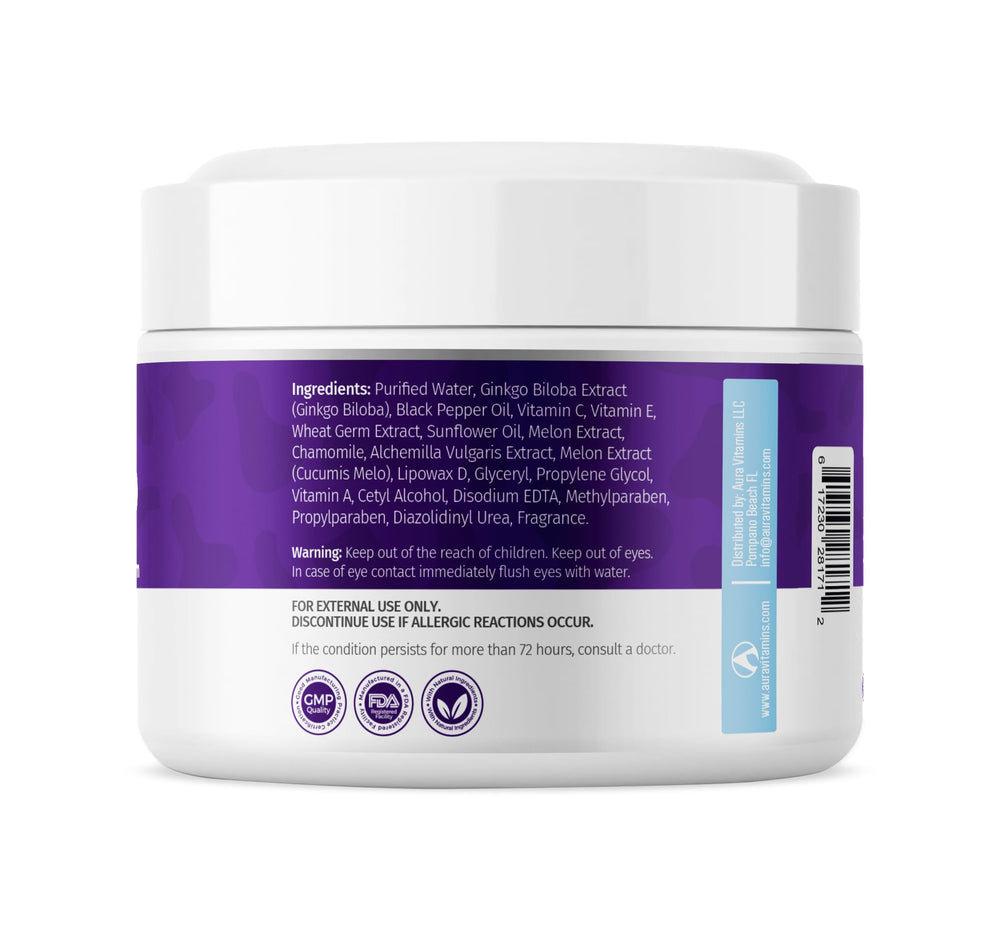 AURA VITAMINS cream absorbing into skin close detail demonstrating non-greasy finish benefit