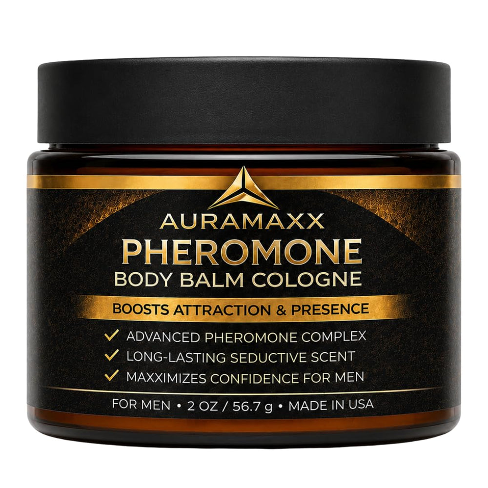 AuraMaxx front packaging showing compact 2 oz container and bold branding for confidence