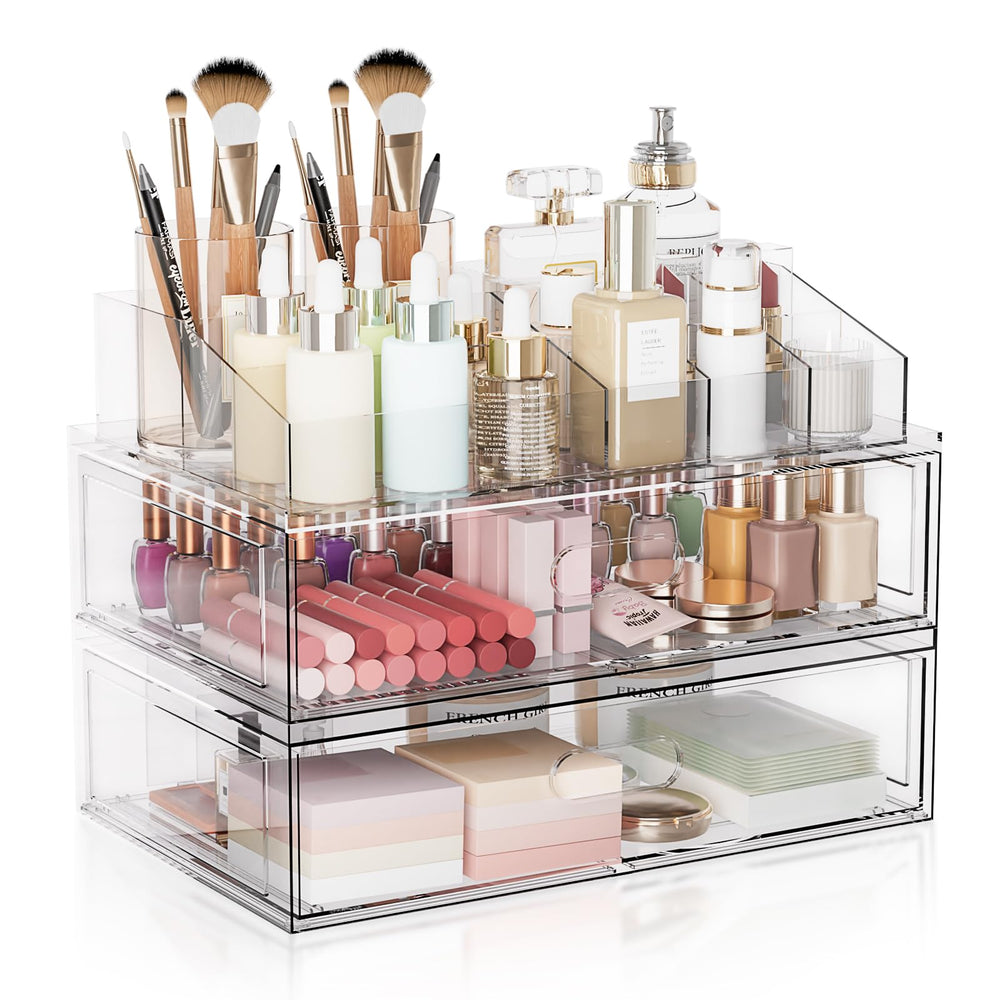 Aurblozen front view of clear stackable organizer showing neat storage benefit