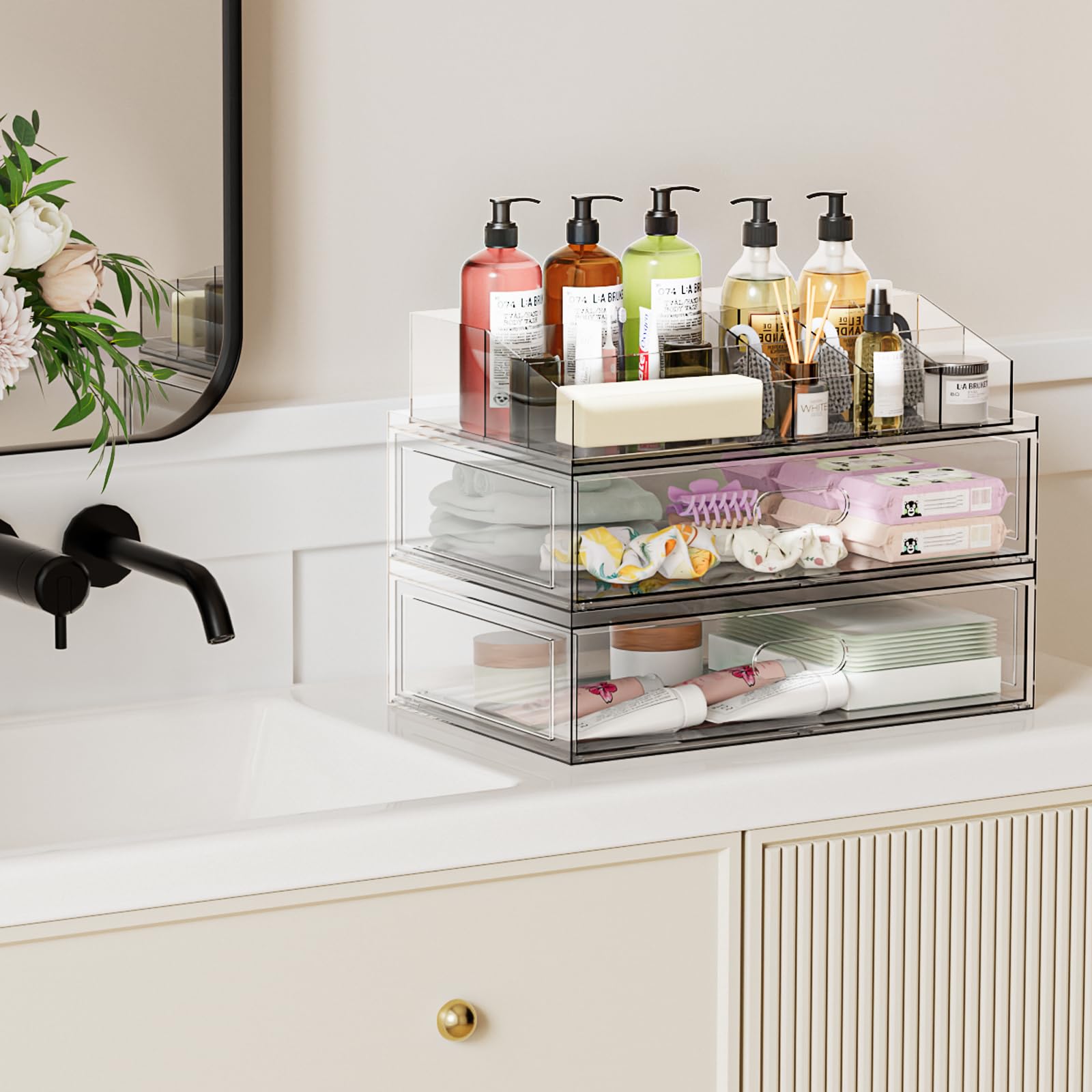 Aurblozen on bathroom vanity in use creating tidy, visible cosmetic storage benefit