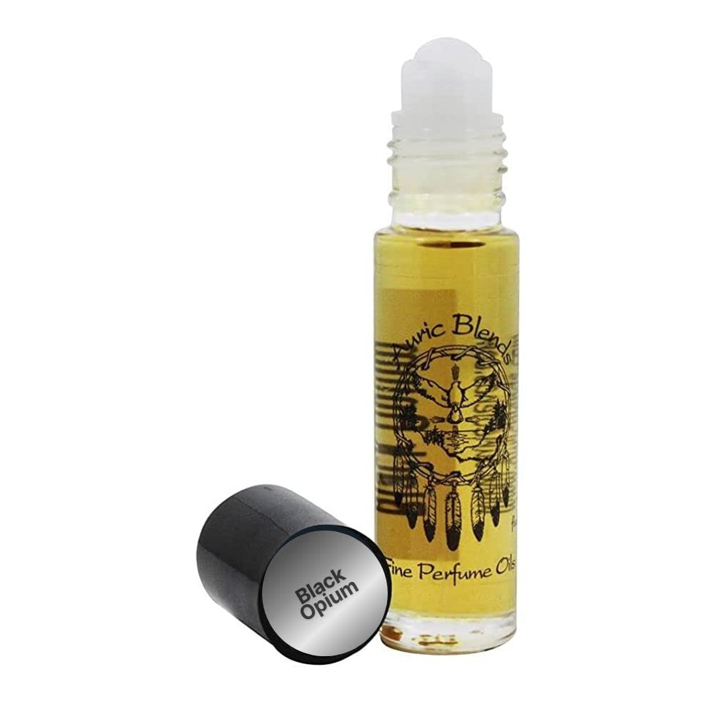 Auric Blends Black Opium roll-on front view shows glass bottle and easy application benefit