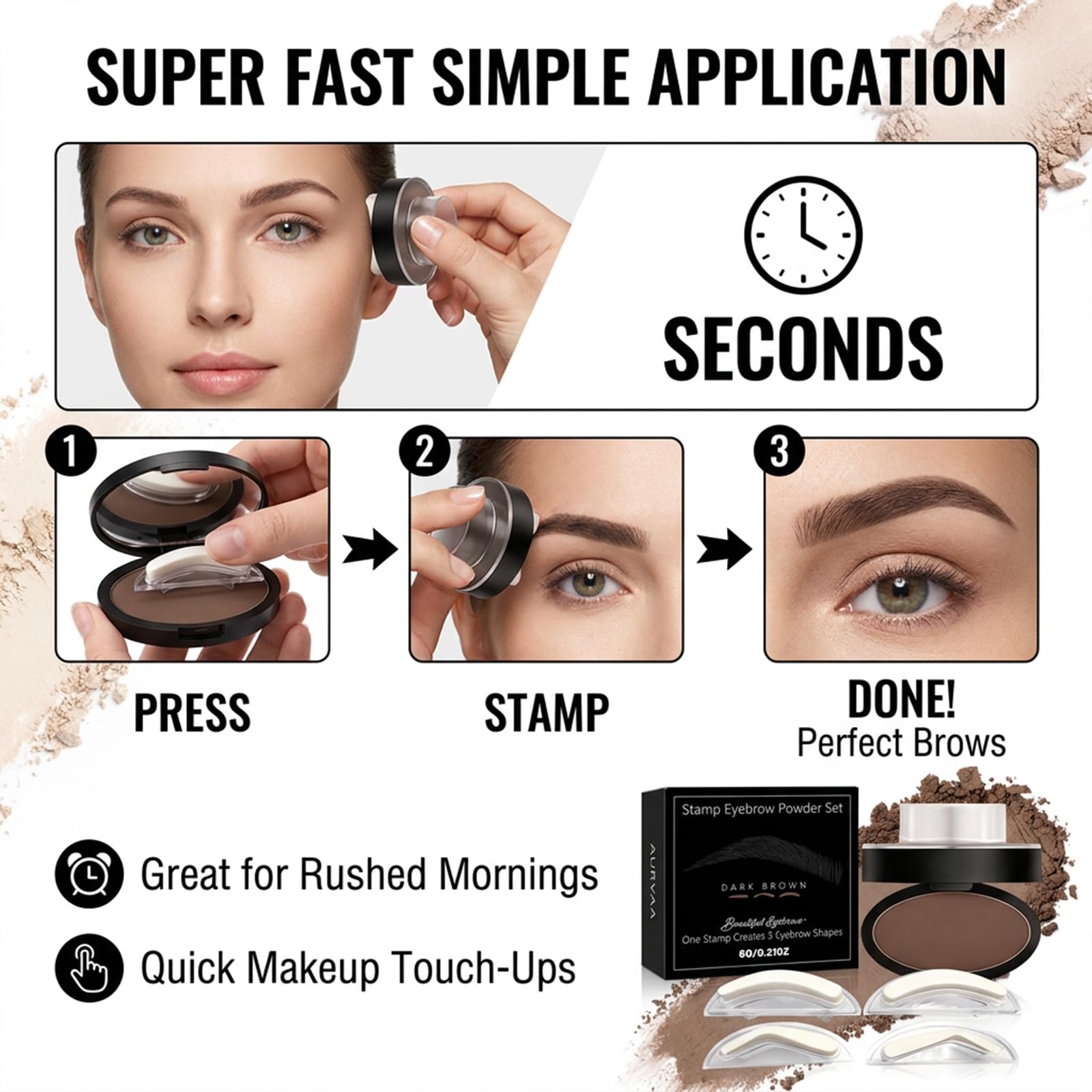AURVAA brow stamp in use on model for quick symmetrical application