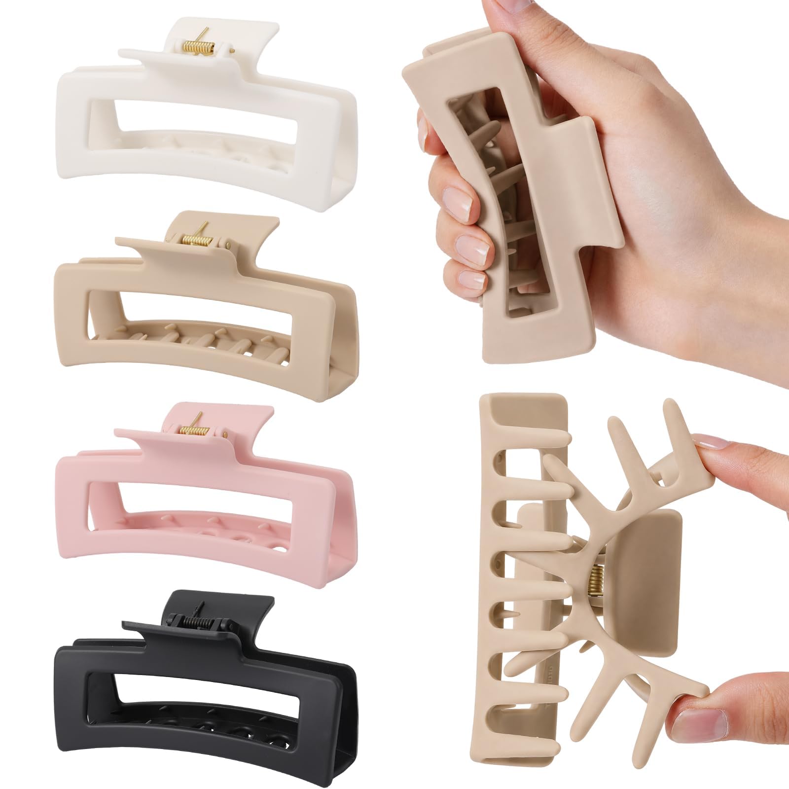 Auseibeely front view of four silicone claw clips showing colors and shape for styling versatility