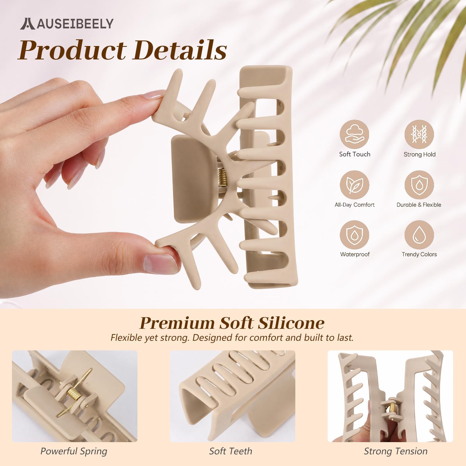 Auseibeely clip securing a messy bun showing secure hold for thick hair