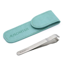 Ausomtek front view showing tweezers and cyan case for travel convenience