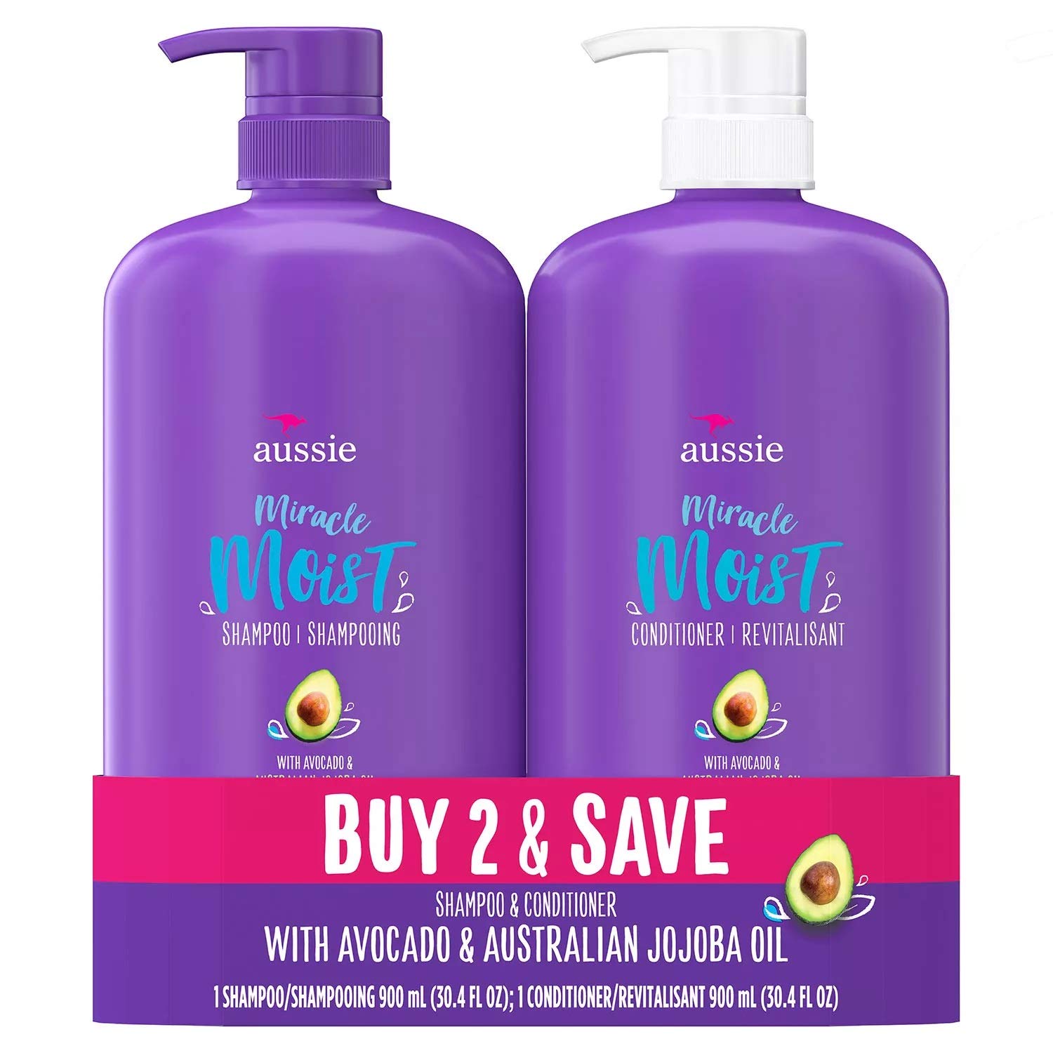 Aussie Miracle front packaging showing large 30.4 fl oz bottles and ingredient callouts