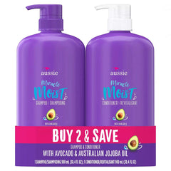 Aussie Miracle front packaging showing large 30.4 fl oz bottles and ingredient callouts