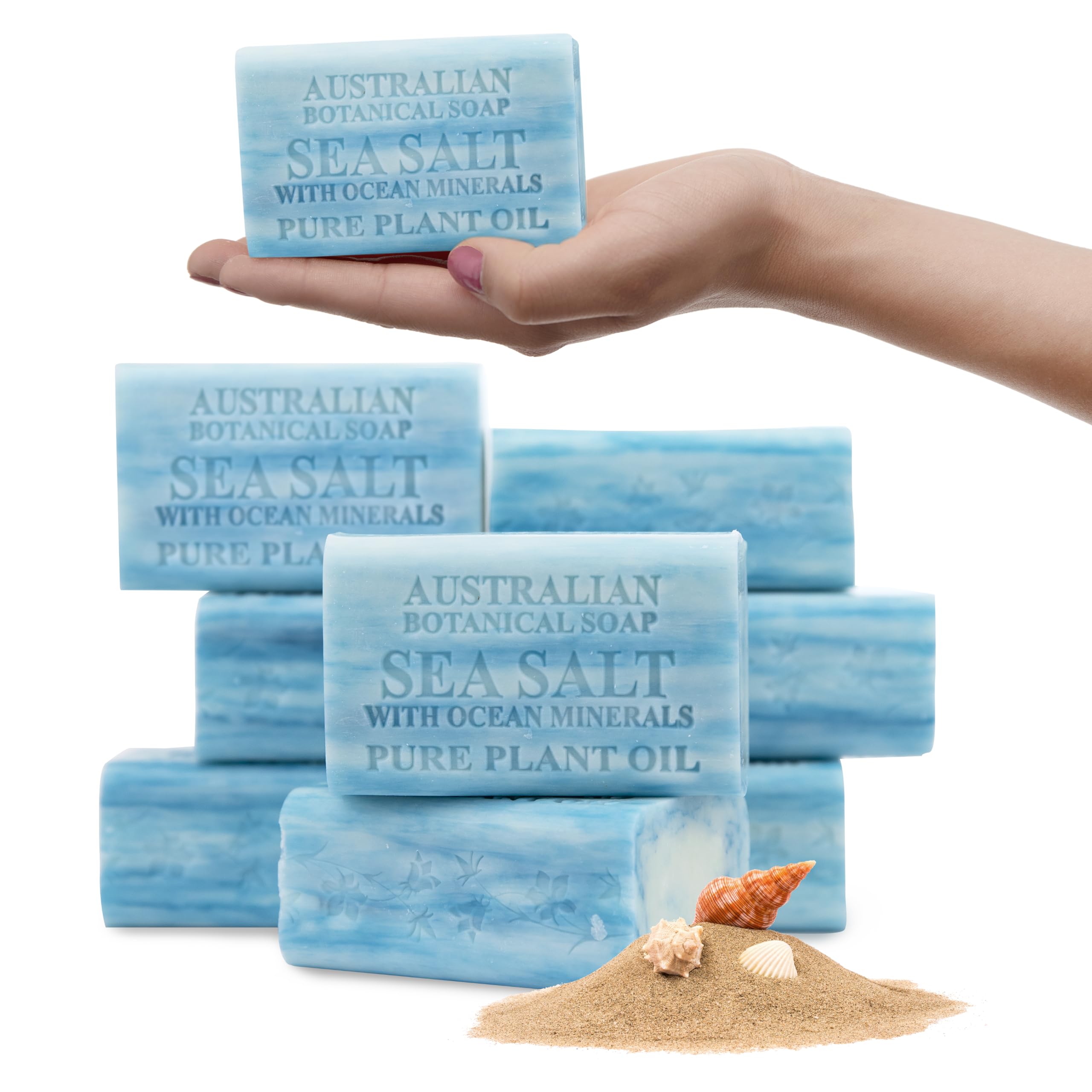 Australian Botanical Soap front packaging showing pack of eight sea salt bars and value