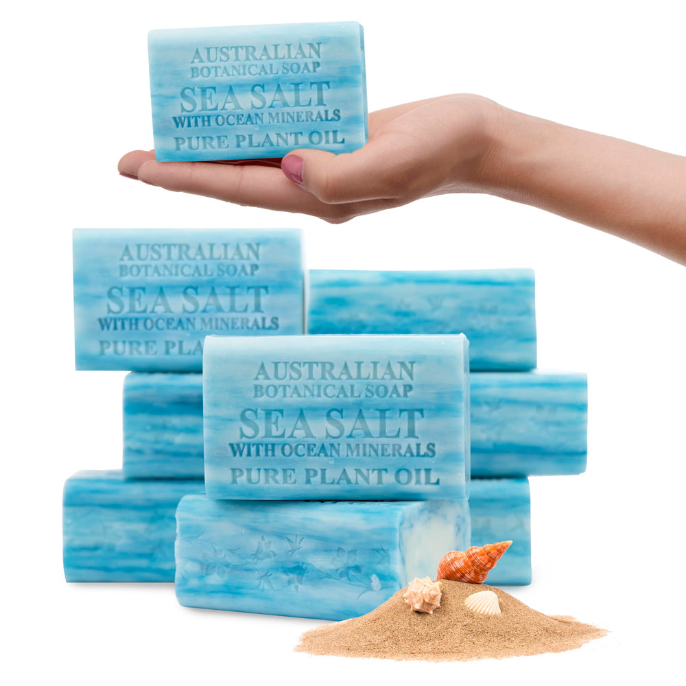 Australian Botanical Soap front packaging showing pack of eight sea salt bars and value