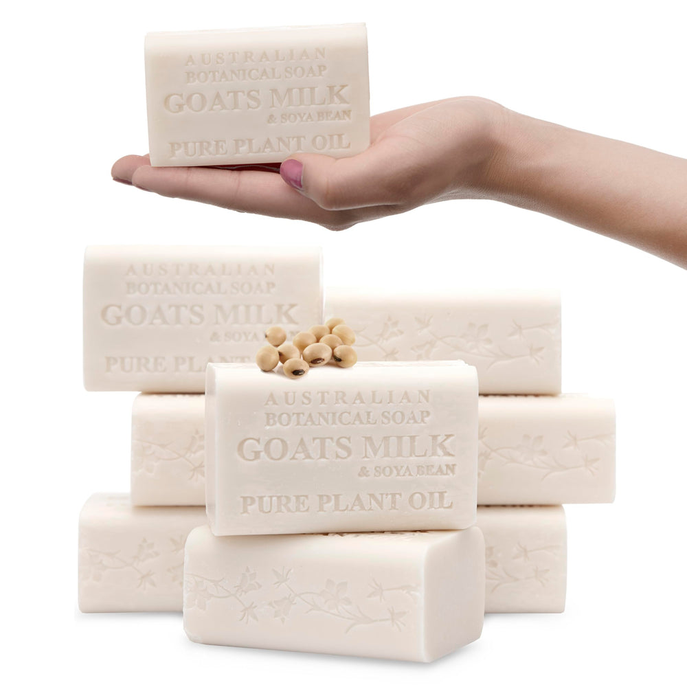 Australian Botanical Soap front packaging showing pack of eight, clear product ID and convenience