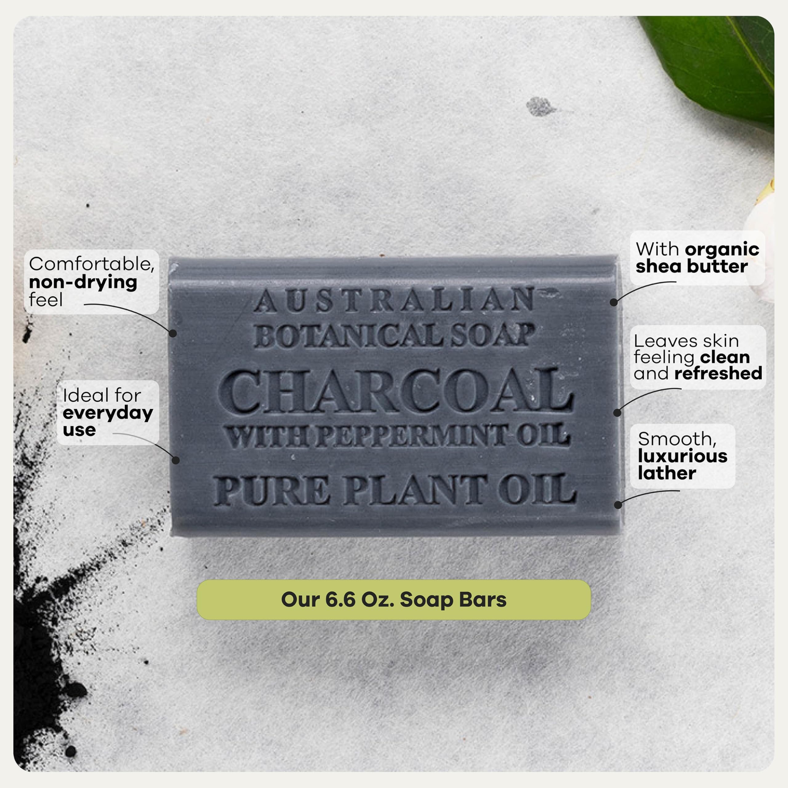 Australian Botanical Soap bar on a shower shelf showing practical everyday use benefit