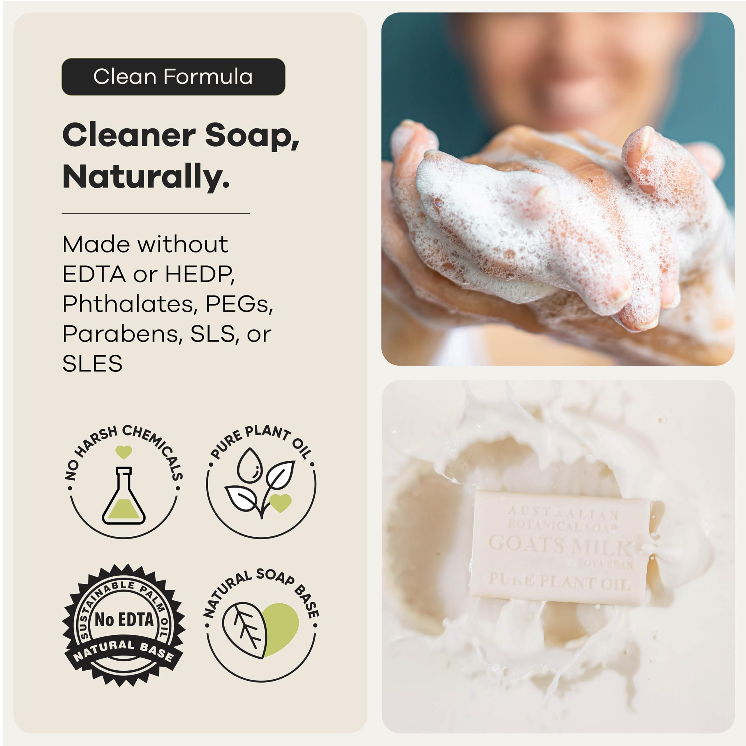 Australian Botanical Soap ingredients label visible listing goat milk, soya oil, and organic shea butter benefits