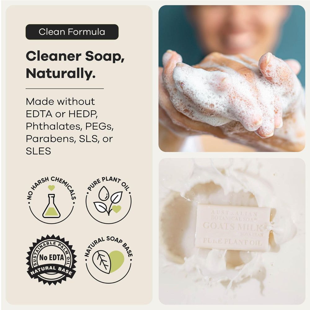 Australian Botanical Soap ingredients label visible listing goat milk, soya oil, and organic shea butter benefits