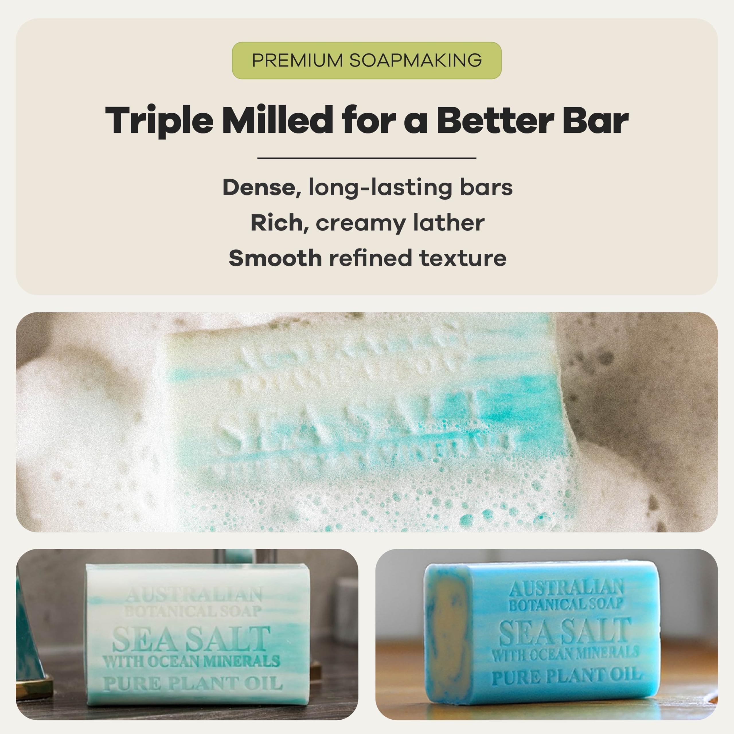 Australian Botanical Soap sea salt and French ocean minerals close-up conveying fresh scent