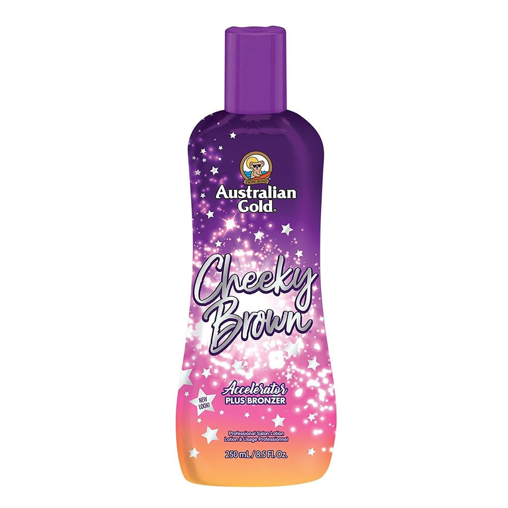 Australian Gold front packaging showing 8.5 oz bottle and branding benefit instant bronzing