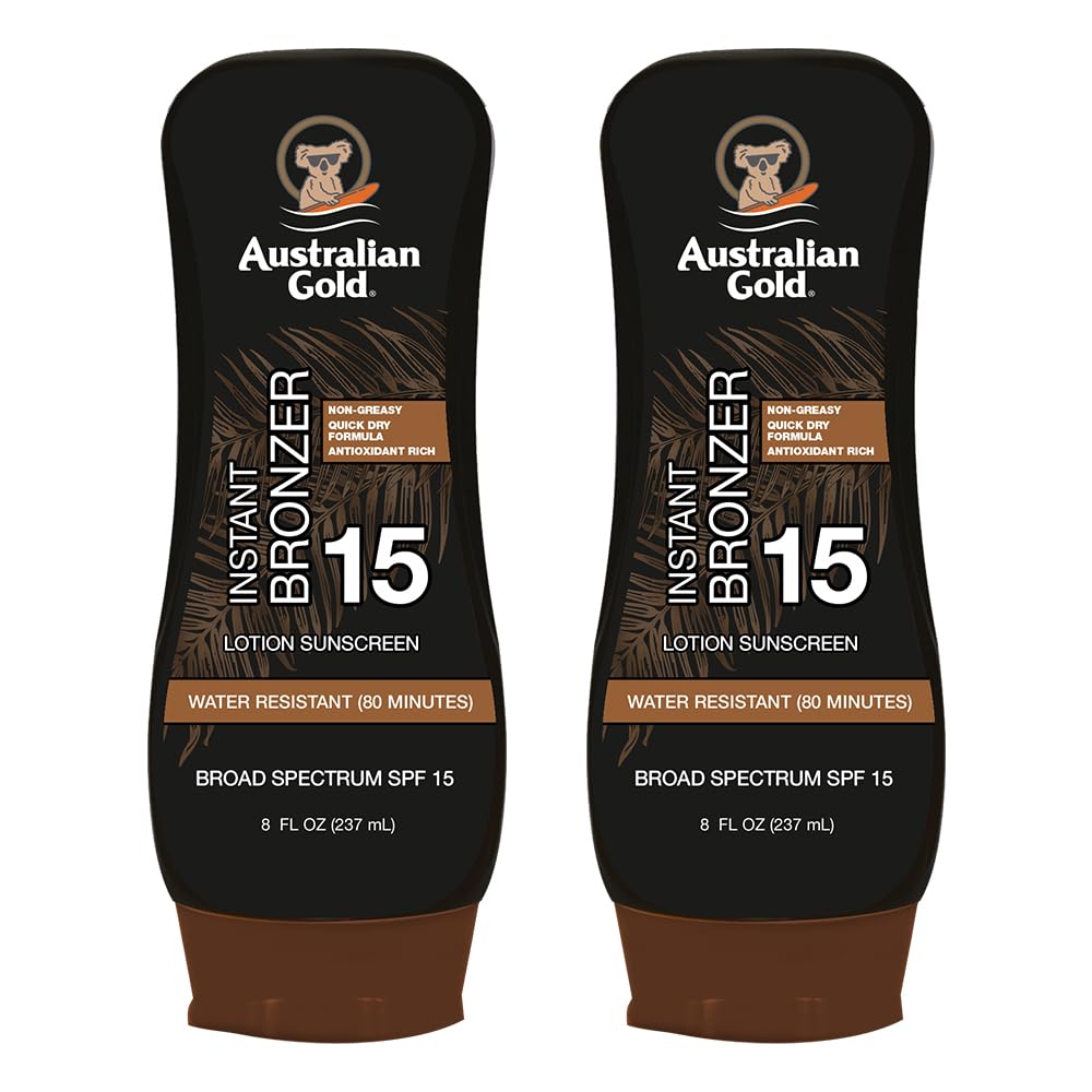Australian Gold front packaging showing instant bronzer and SPF 15 benefits