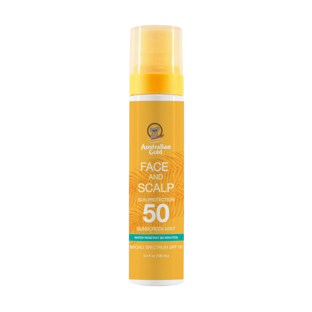 Australian Gold front packaging showing SPF 50 and travel-ready mist benefit