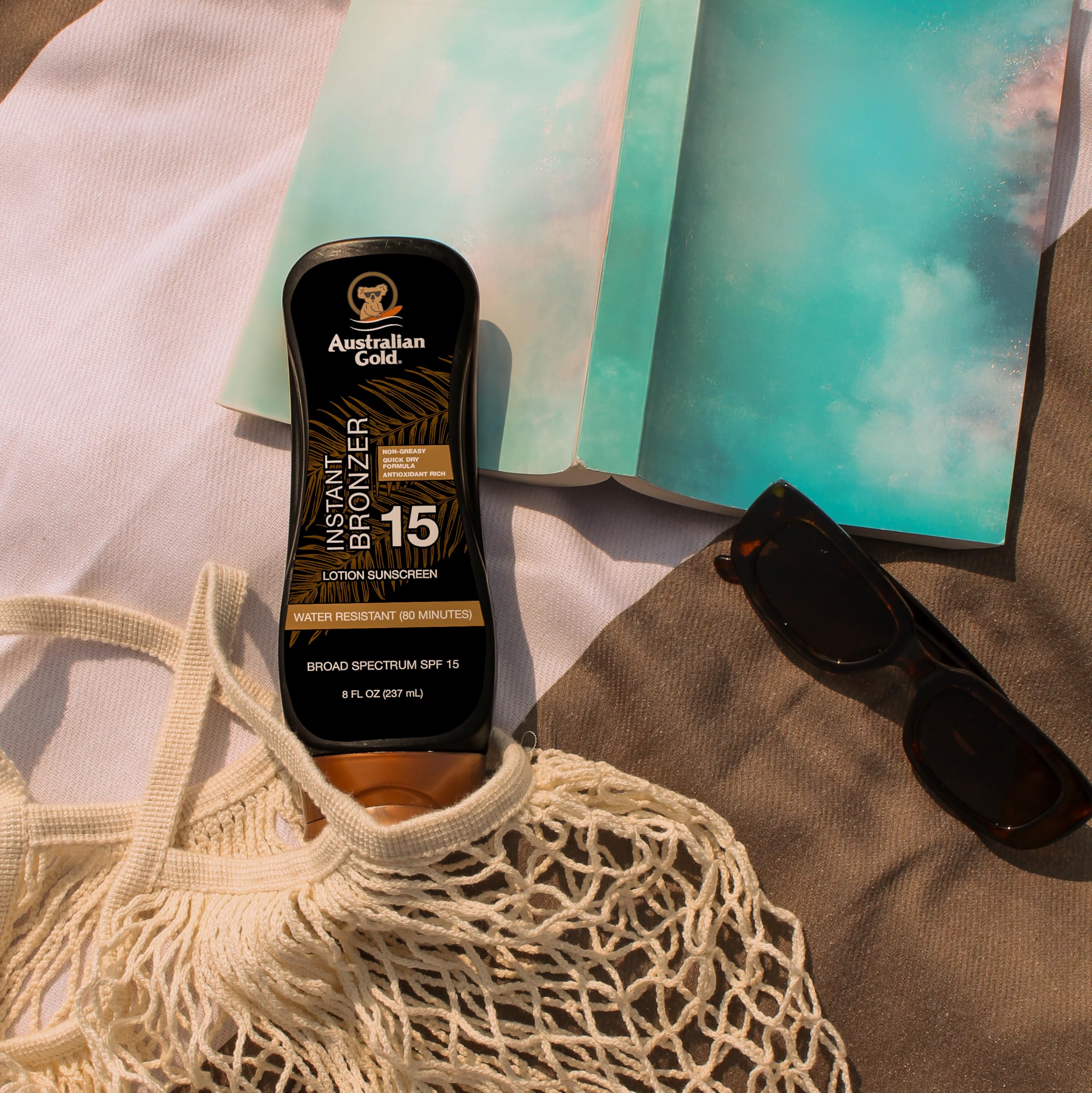 Australian Gold label close-up listing SPF actives and water resistance