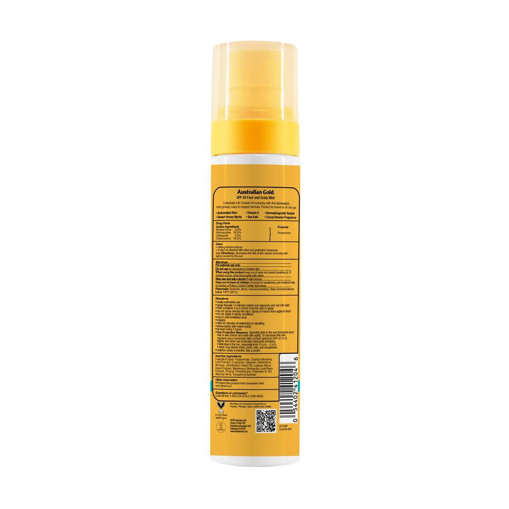 Australian Gold side label highlighting botanical ingredients and quick reference benefit