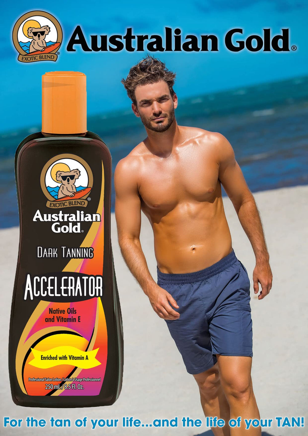 Australian Gold before-and-after tan comparison showing intensified color