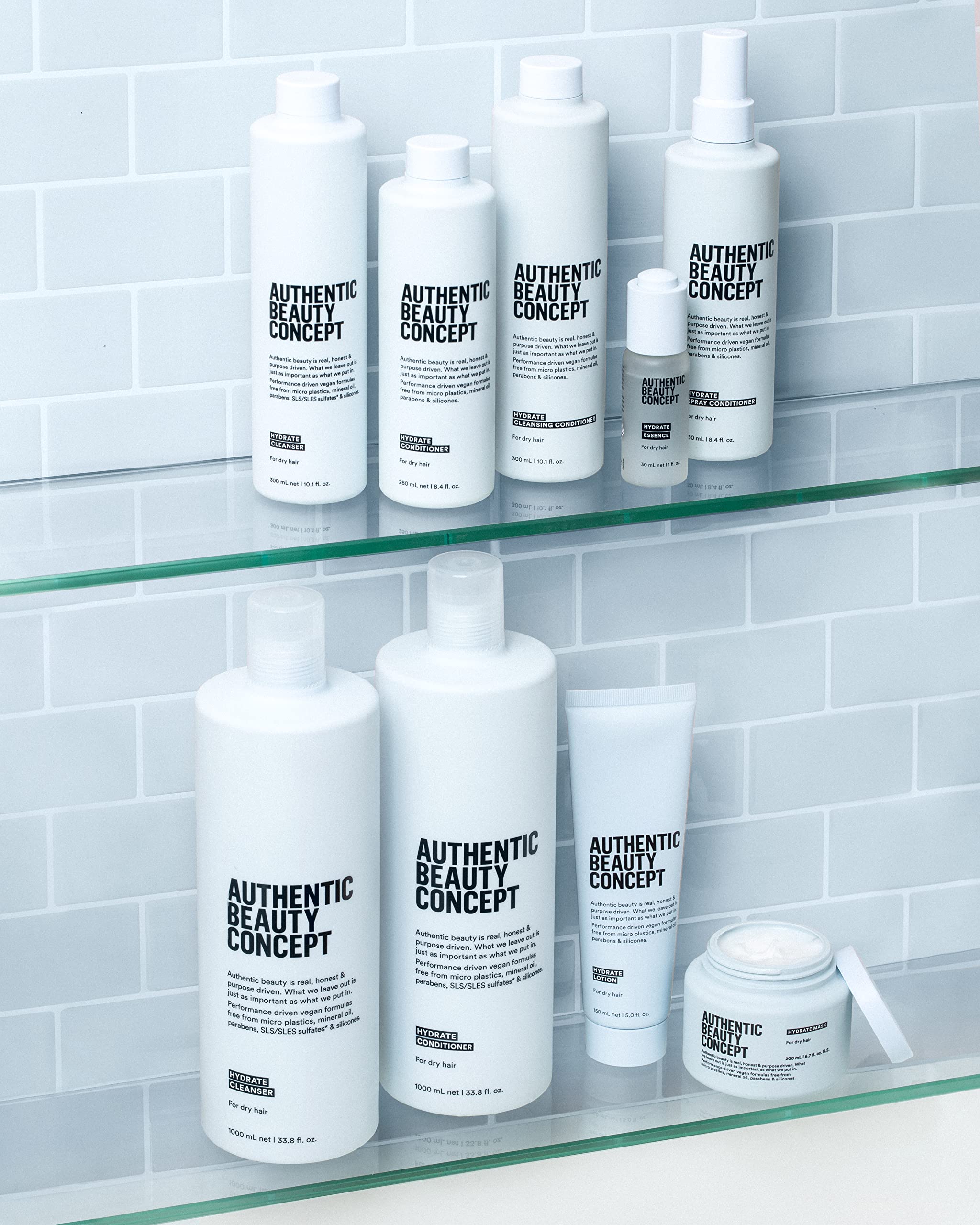 Authentic Beauty Concept display on bathroom shelf, curated routine benefit