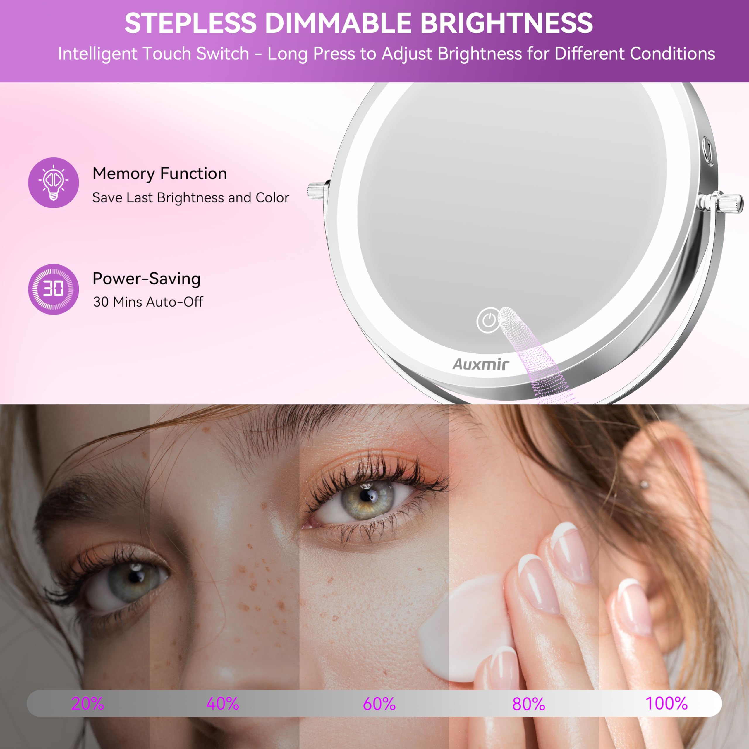 Auxmir 1X side reflection displaying a natural full-face view for everyday makeup