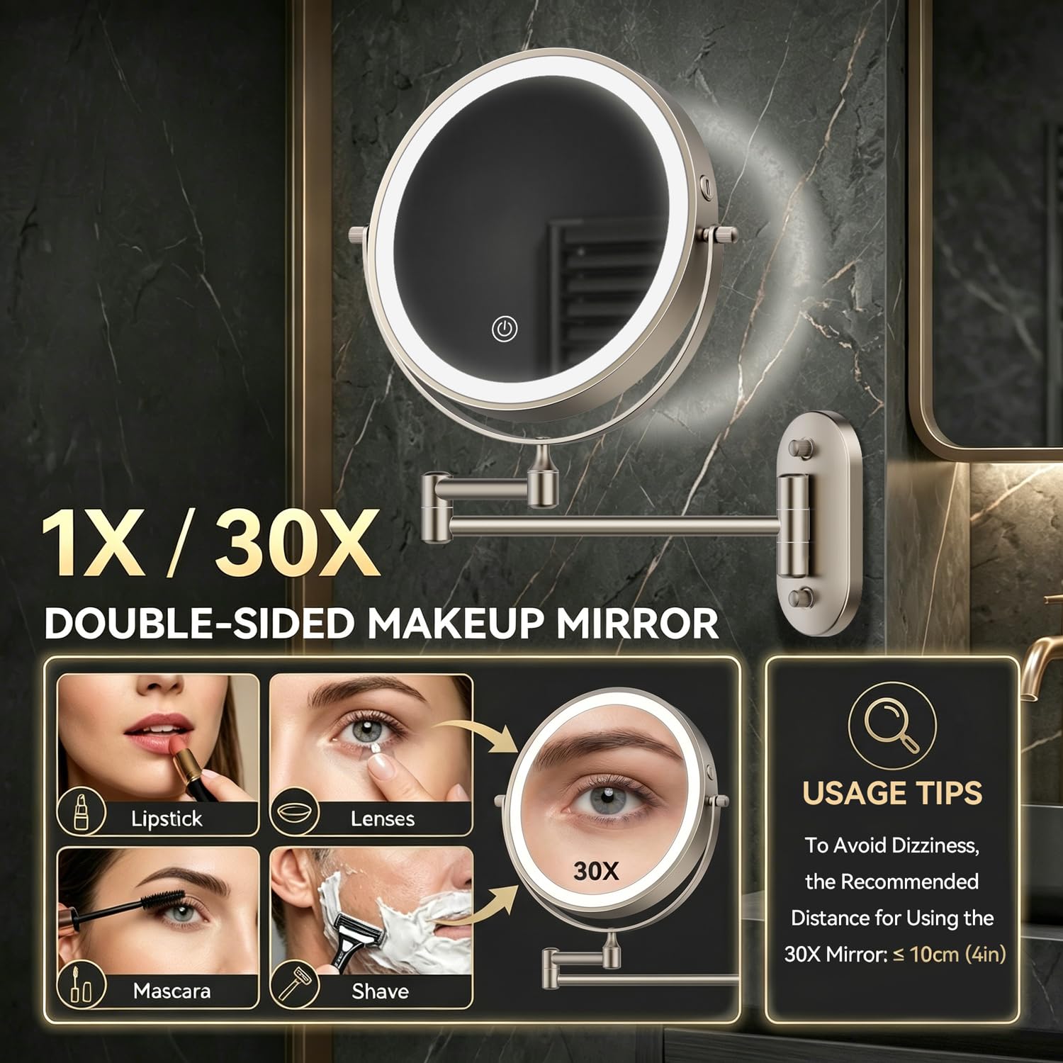 Auxmir close-up of 30X magnifying side revealing fine detail for exact eyebrow shaping