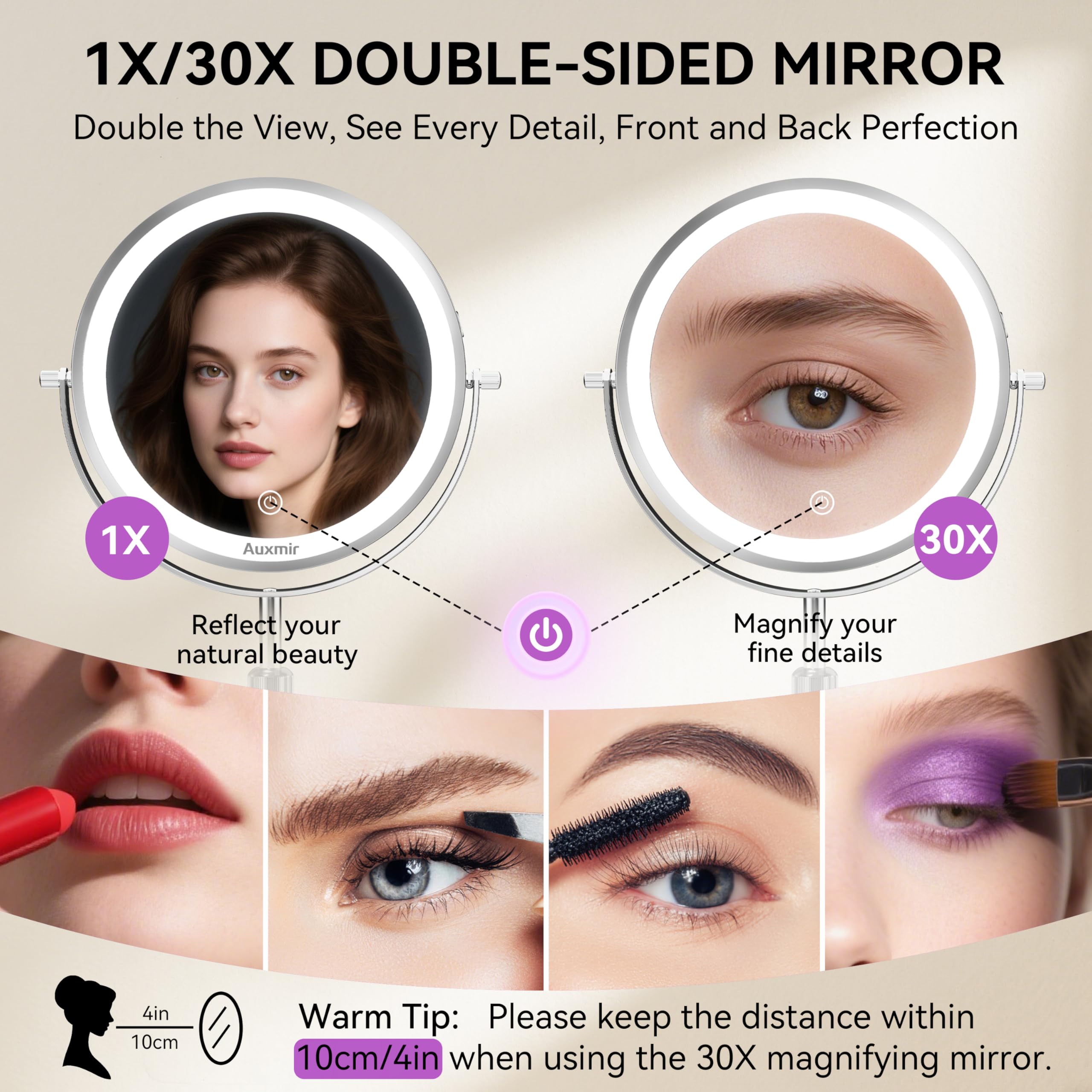 Auxmir 30X magnification close-up revealing fine detail for precision grooming and lashes
